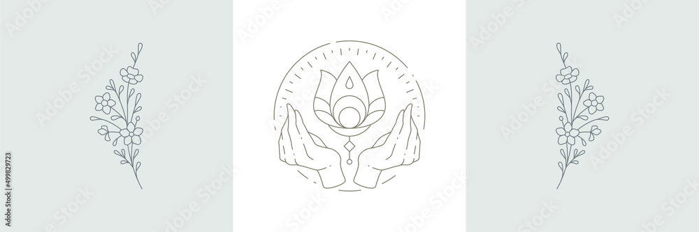 Esoteric mindfulness simple linear logo hands namaste lotus flower botanical pastel card set vector - obrazy, fototapety, plakaty 