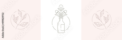 Elegant minimalist hand drawn logo natural plant branches with leaves and buds pastel greeting card