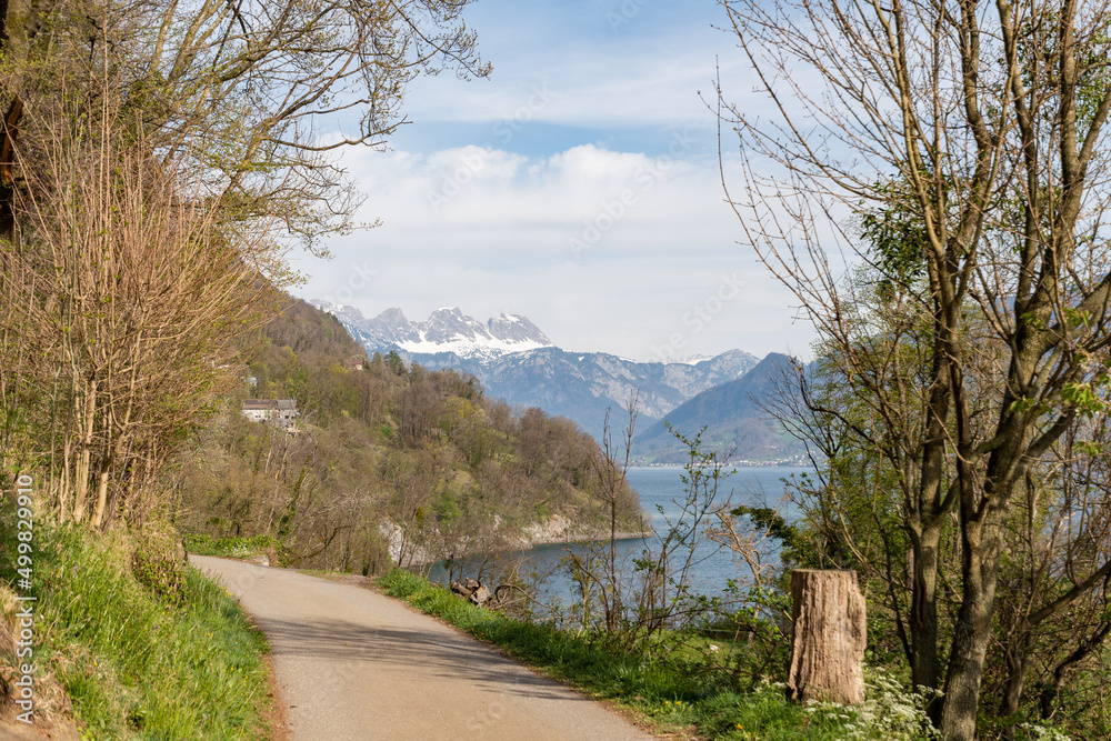 View over the lake Walensee and the alps in Weesen in Switzerland View over the lake Walensee and the alps in Weesen in Switzerland