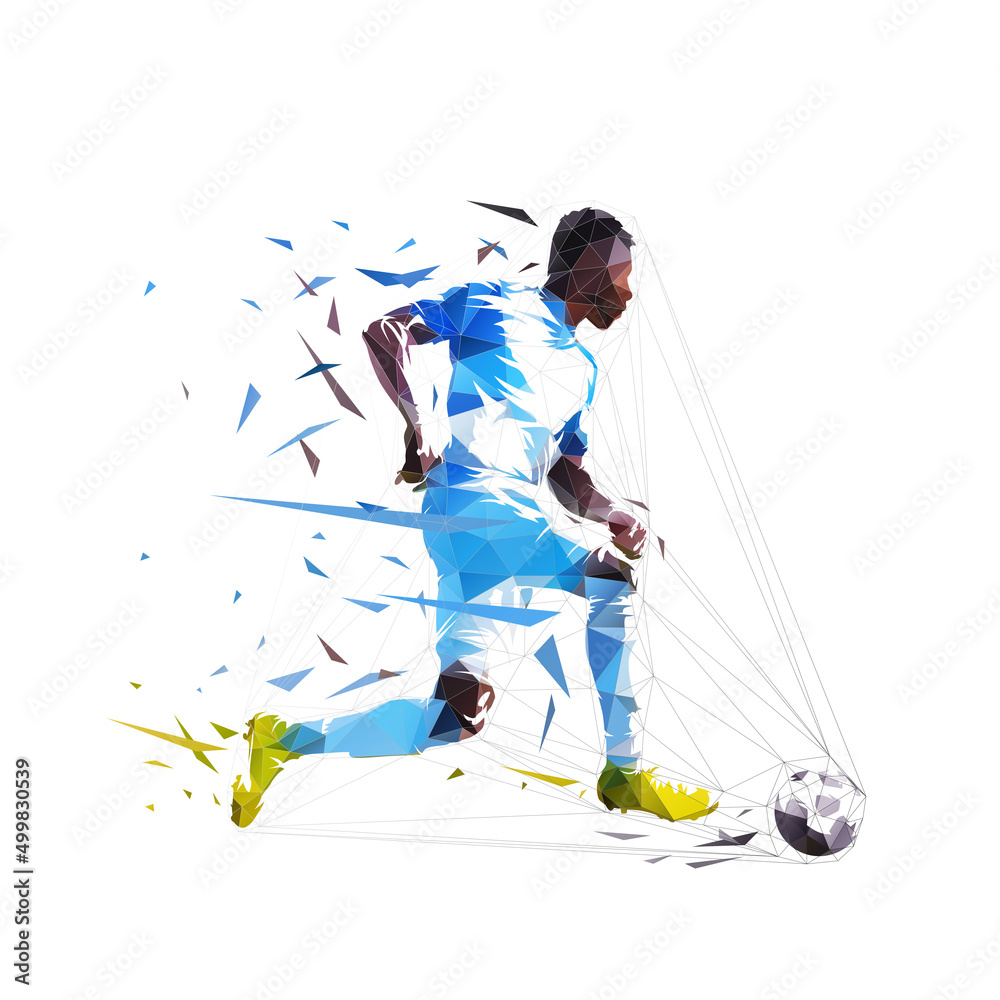 Football player shoots the ball and scores a goal, isolated low polygonal vector illustration from triangles, side view. Soccer, team sport athlete. Footballer logo