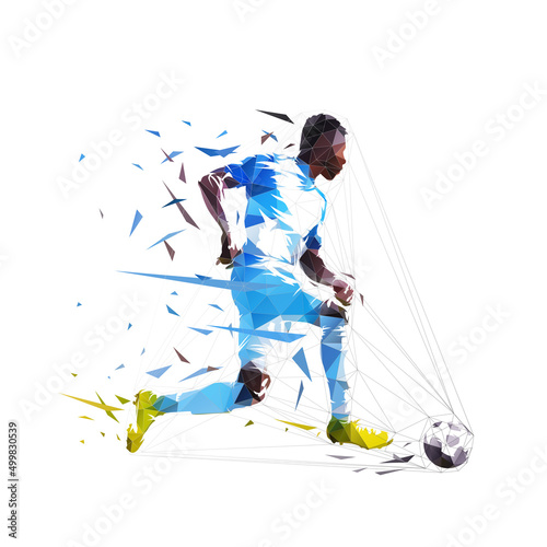 Football player shoots the ball and scores a goal, isolated low polygonal vector illustration from triangles, side view. Soccer, team sport athlete. Footballer logo