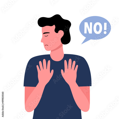 Man with hand gesturing no or stop sign in flat design. No means no concept.