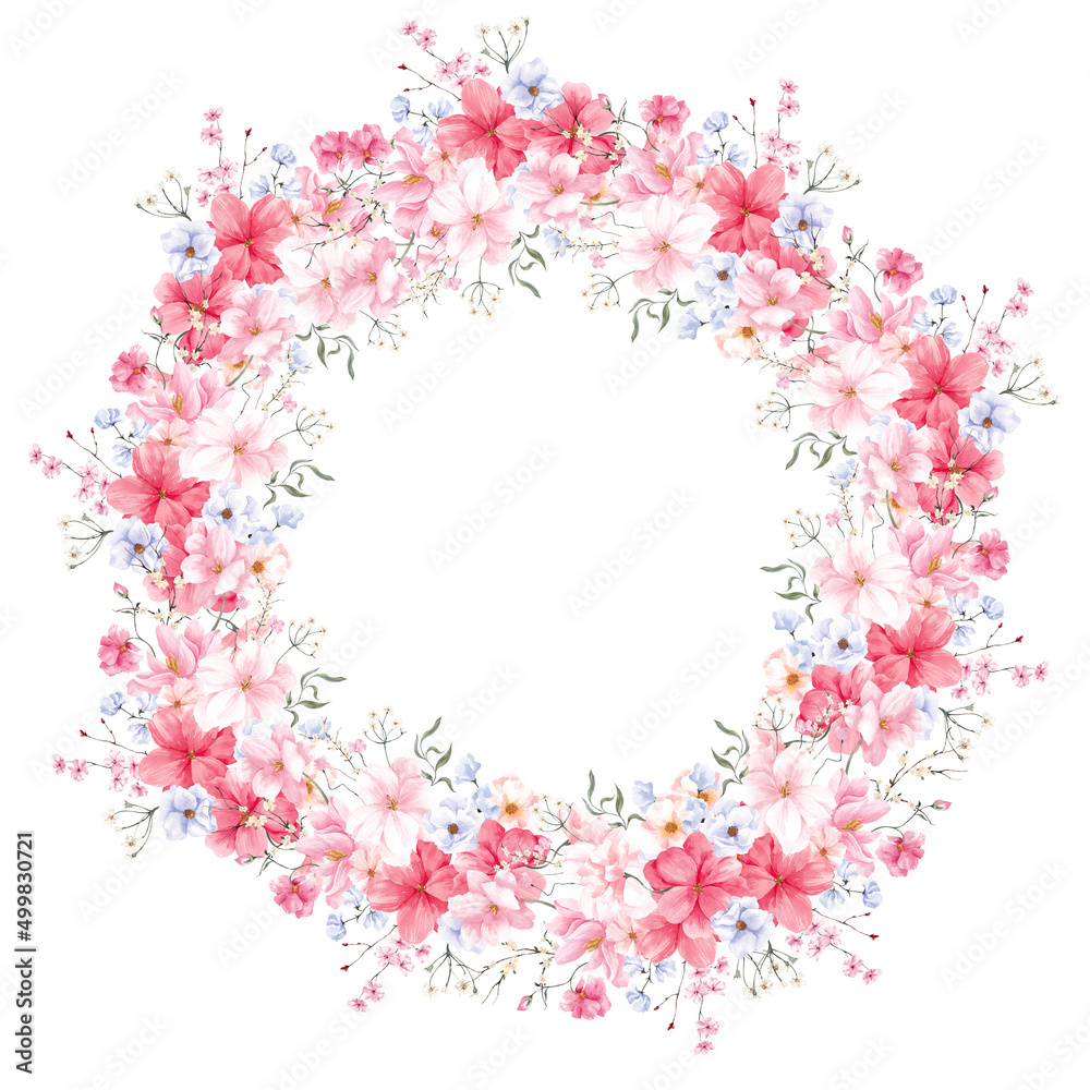 Watercolor spring wreath with hand draw delicate flowers and blooming branch, isolated on white background