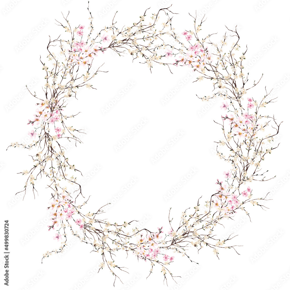 Watercolor spring wreath with hand draw delicate flowers and blooming branch, isolated on white background Watercolor spring wreath with hand draw delicate flowers and blooming branch, isolated on white background
