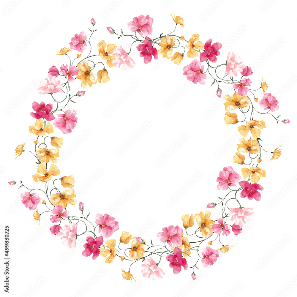 Watercolor spring wreath with hand draw delicate flowers and blooming branch, isolated on white background