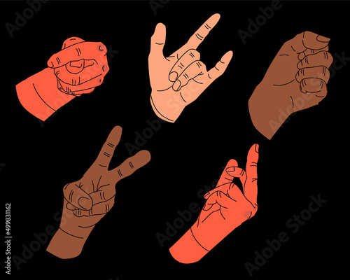 Big set of Colorful Hands in different gestures.  Fig, goat, clenched fist, peace, middle finger fuck sign. Hand drawn vector illustration isolated on black background.