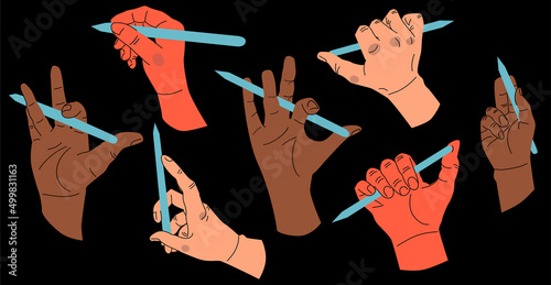 Set of Colorful Hands holding pencil. Different gestures. Hand drawn vector illustration isolated on black background.