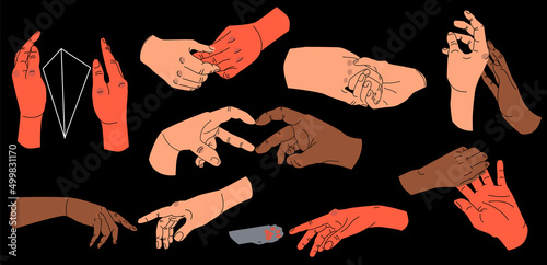 Big set of Colorful Hands in different gestures. Illustration on different types of interlocking hands between pairs or couples.Hand drawn vector illustration isolated on black background.