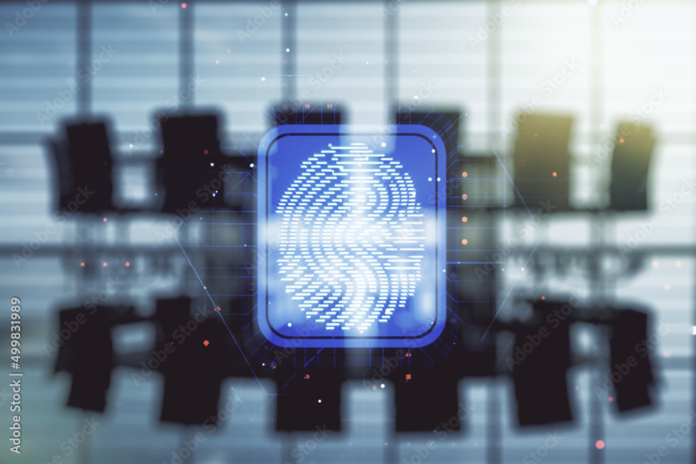 Abstract virtual fingerprint illustration on a modern coworking room ...
