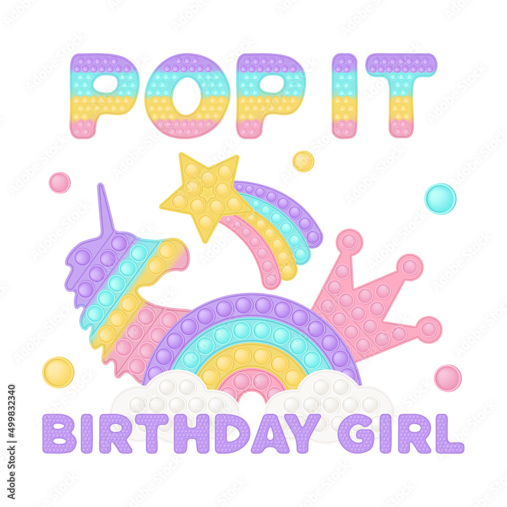Popit birthday girl sublimation in fidget toy style. Pop it t-shirt design as a trendy silicone toy for fidget in purple color. Bubble pop it birthday lettering. Isolated cartoon vector illustration.