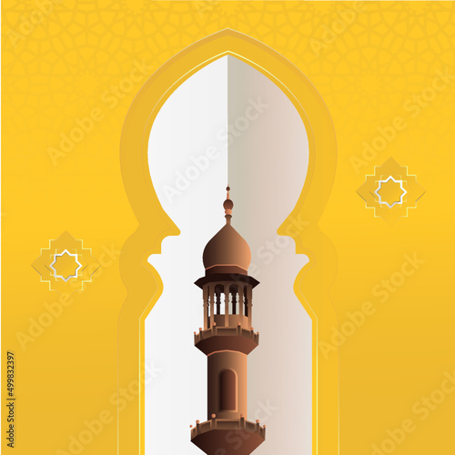bright color of islamic background with tower of mosque