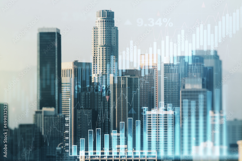 Multi exposure of virtual abstract financial graph interface on Los Angeles cityscape background, financial and trading concept