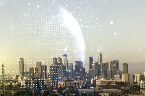 Multi exposure of abstract graphic world map hologram on Los Angeles office buildings background, connection and communication concept