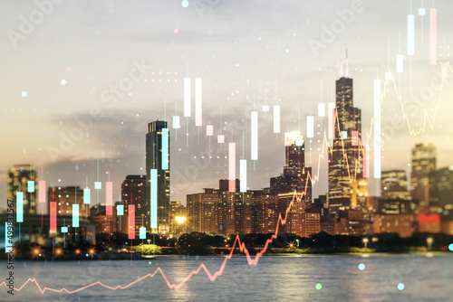 Double exposure of abstract creative financial chart hologram on Chicago skyscrapers background, research and strategy concept © Pixels Hunter