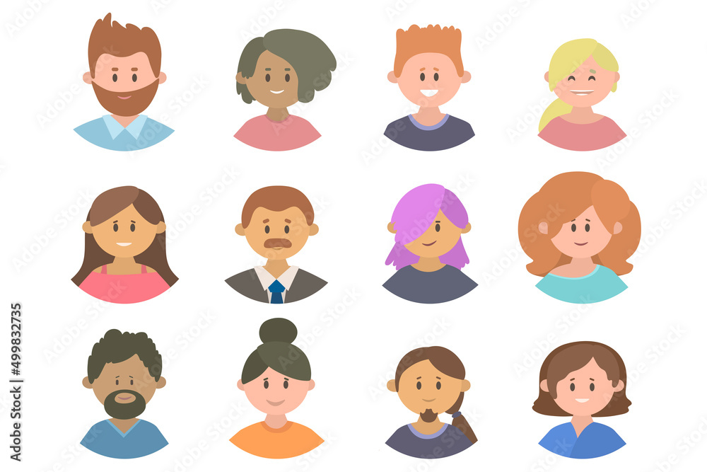 People avatar collection. Cartoon flat woman and man with diverse haircut. Cute modern characters, students or office workers creative team. User pic, different yong human face icons People avatar collection. Cartoon flat woman and man with diverse haircut. Cute modern characters, students or office workers creative team. User pic, different yong human face icons