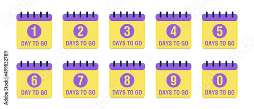 Countdown 1, 2, 3, 4, 5, 6, 7, 8, 9, 0 days to go. Countdown timer. Calendar icon. Time icon. Count time sale. Vector stock