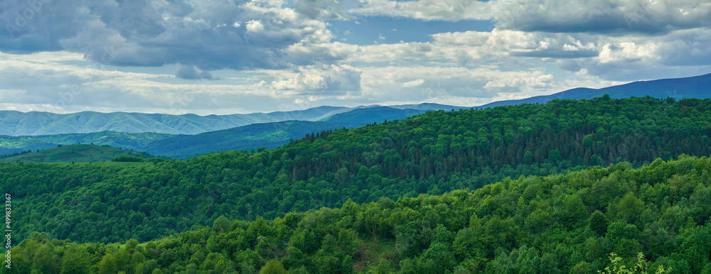 Beautiful summer landscape. Panorama of the green hills of the Carpathians