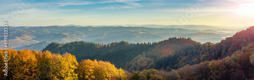 Golden autumn in the Carpathians. Panorama of the morning mountain landscape