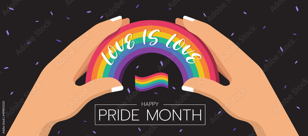 happy pride month - hand holding rainbow sign with love is love text ...
