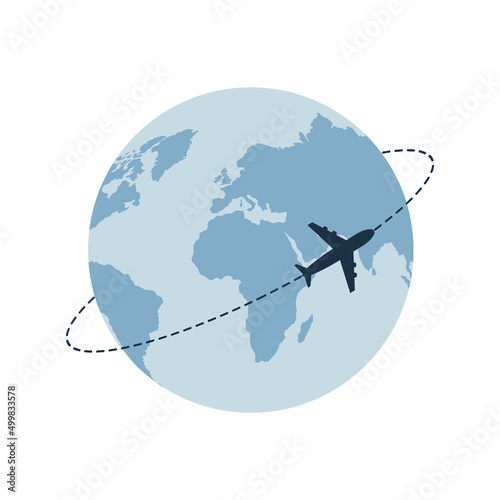 Airplane flying around the globe. Around the world travelling by plane, airplane trip in various country. Planet Earth. Travel and tourism concept. Vector