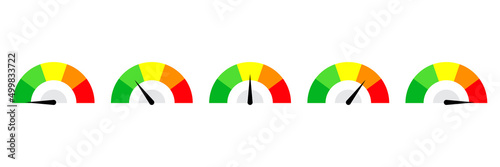 Speedometer button set. Set of color vector speedometers. Set of indicators.Flat illustration with speedometer set for report design. Pointer icon. Vector illustration. Vector web button.