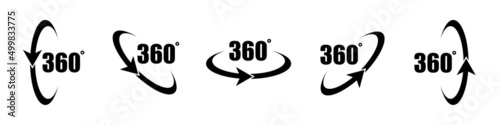 360 degree icon set in flat style. 360 degree view rotation set. 360 degree view. Virtual reality. Vertical and horizontal view. Arrow icons. Minimal interface icon, symbol. Vector graphic.