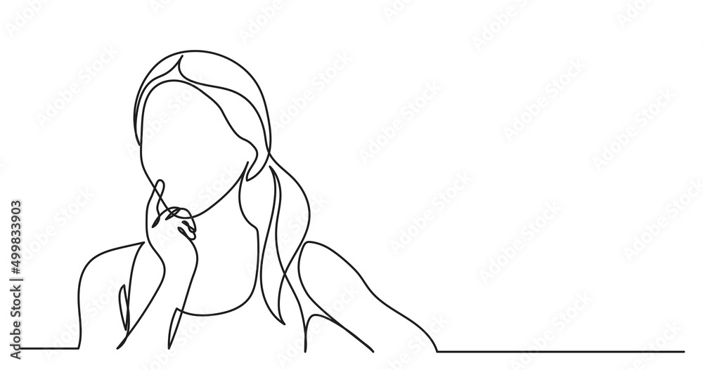 one line drawing of woman professional thinking finding solutions solving problems