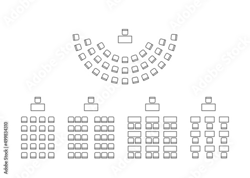 Set of plan for arranging seats semicircle and rows in interior, , layout outline. Place spectators, classroom, map seats amphitheater. Scheme chairs and tables furniture top view. Vector line