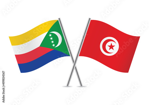 Comoros and Tunisia crossed flags. Comorian and Tunisian flags on white background. Vector icon set. Vector illustration.