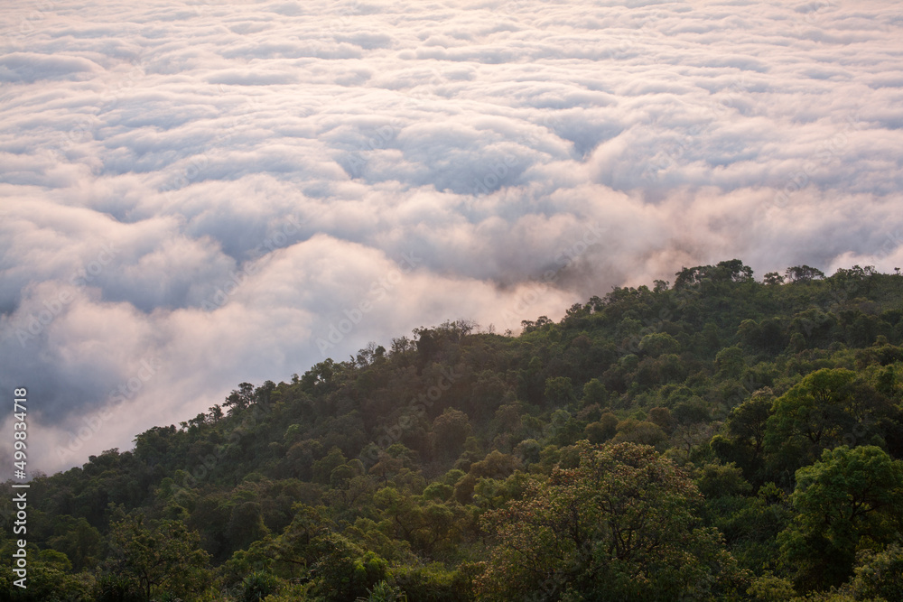 Morning fog over the mountain in Kyaiktiyo, Myanmar