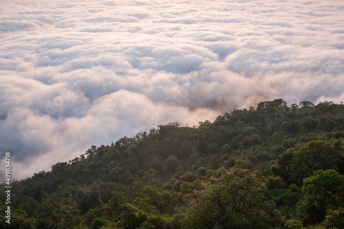 Morning fog over the mountain in Kyaiktiyo  Myanmar