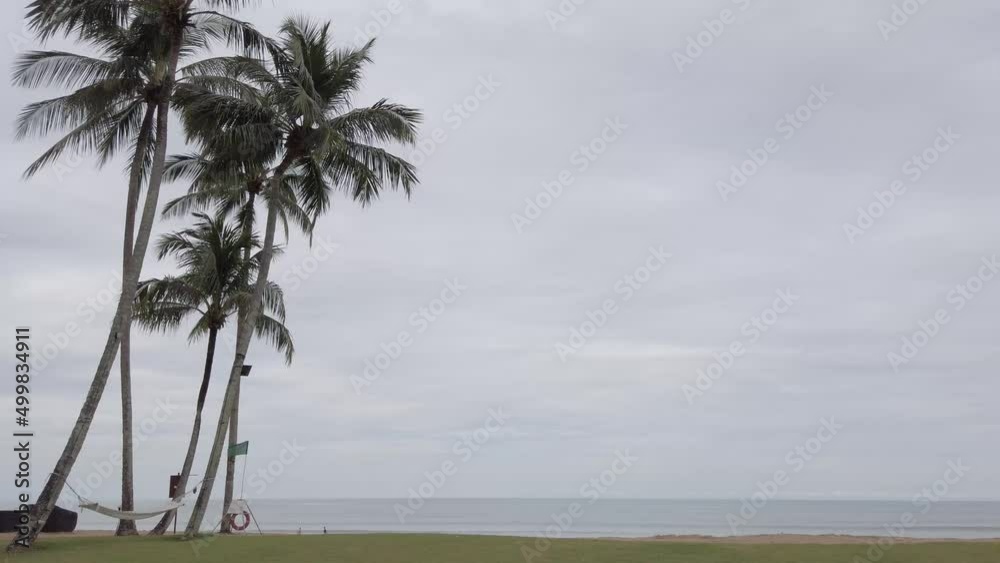 Beach sea sand and sky. Landscape view of green yard near beach sea in summer day. Beach space area with peaceful sea in sunshine daytime Beach sea sand and sky. Landscape view of green yard near beach sea in summer day. Beach space area with peaceful sea in sunshine daytime