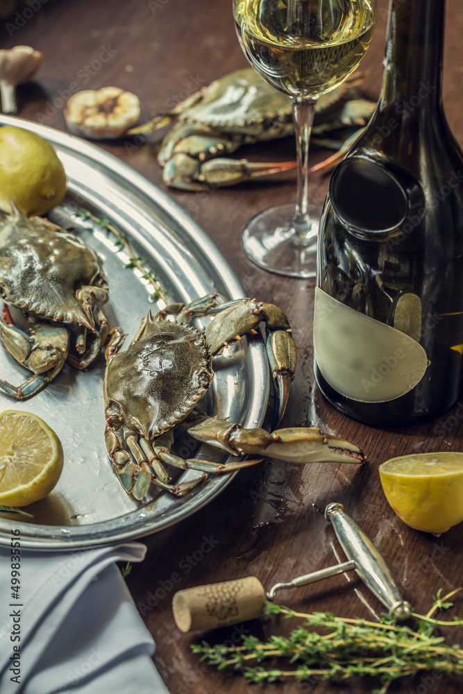 Crabs and Wine, Seafood, Restaurant seafood on wooden table
