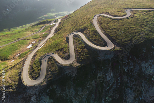 Aerial view of Transalpina mountain road, at sunrise
