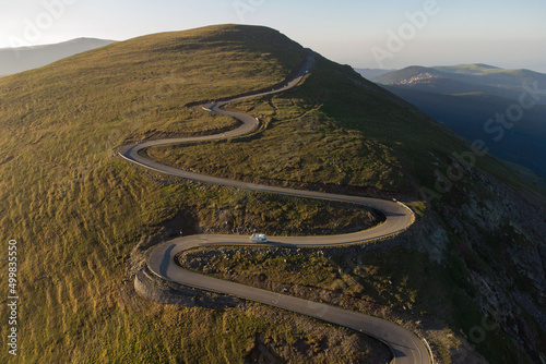 Aerial view of Transalpina mountain road, at sunrise photo