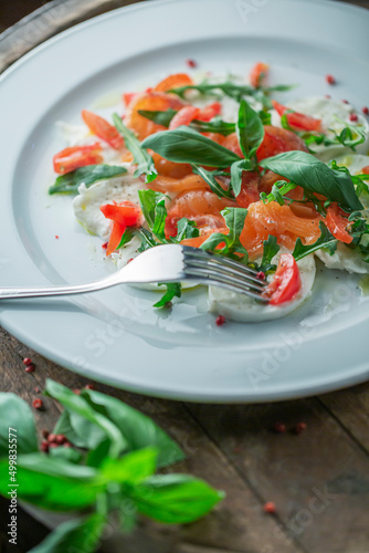 Wallpaper Mural Mozzarella Salmon Salad on wooden Table Torontodigital.ca