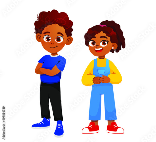 Cute happy kid girl and boy raising and waving hands greeting in expressions and poses. smiling little girl vector character Illustration.
