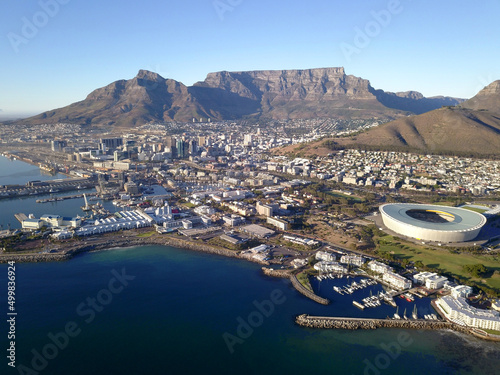 Aerial view over Cape Town, with Cape Town stadium and Table Mountain .