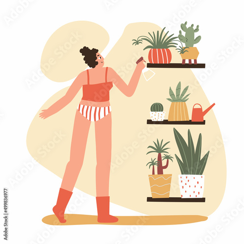 the girl takes care of the flowers. home plants in pots. flat hand drawn illustration.
