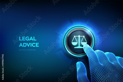 Labor law, Lawyer, Attorney at law, Legal advice concept. Closeup finger about to press a button. Internet law and cyberlaw as digital legal services or online lawyer advice. Vecto illustration.