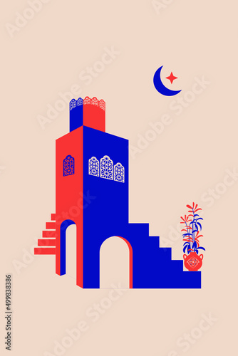Creative minimalist abstracts. House or mosque facade with water fountain, candle lamp, stairs, indoor plants. Vector illustration.