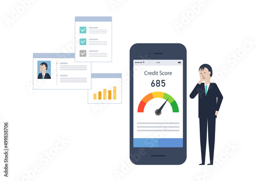 自分の信用スコアをスマホで確認するアジア人男性のイラスト素材｜mayucolor03