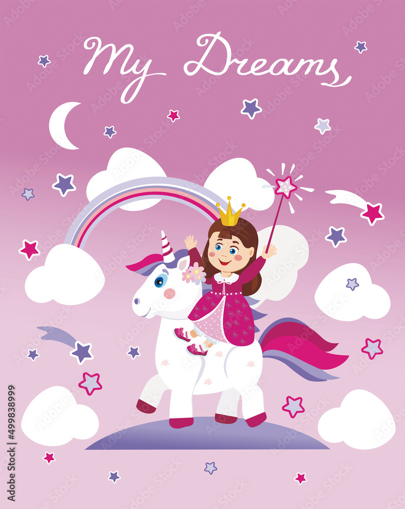 A happy little princess rides a unicorn. Vector image.