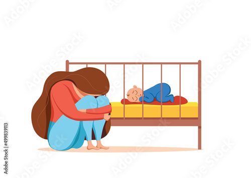 Postpartum depression illustration of sad tired woman
