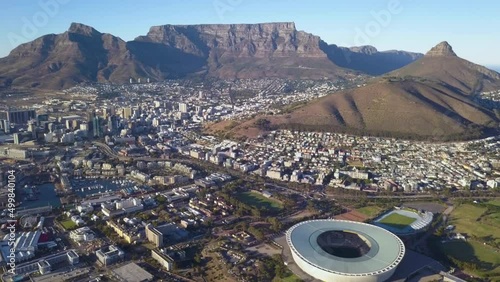  Aerial view over Cape Town, with Cape Town stadium and Table Mountain .