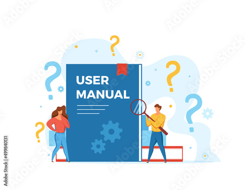 User manual concept vector illustration. People looking at user manual book