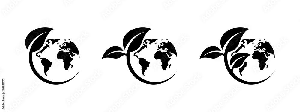 Eco earth icon set. Green world icons set. World environment day. Ecology concept. Global map with leaves. Nature illustration. Planet earth. Earth day. Save earth. Vector graphic.