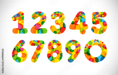 Fototapeta Naklejka Na Ścianę i Meble -  Set of colorful numbers. Creative festive confetti textured typescript. Isolated abstract graphic design template. Coloured signs 1 - 10, up 0 to 9. Sale or anniversary concept. Holiday decoration.