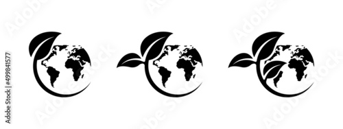 Eco earth icon set. Green world icons set. World environment day. Ecology concept. Global map with leaves. Nature illustration. Planet earth. Earth day. Save earth. Vector graphic.