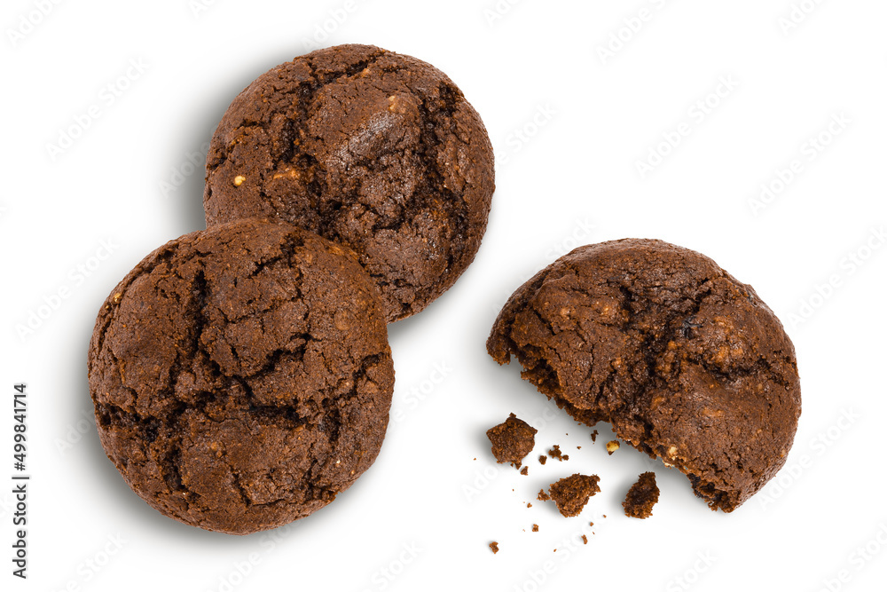 chocolate cookies isolated on white background with clipping path and full depth of field. Top view. Flat lay chocolate cookies isolated on white background with clipping path and full depth of field. Top view. Flat lay